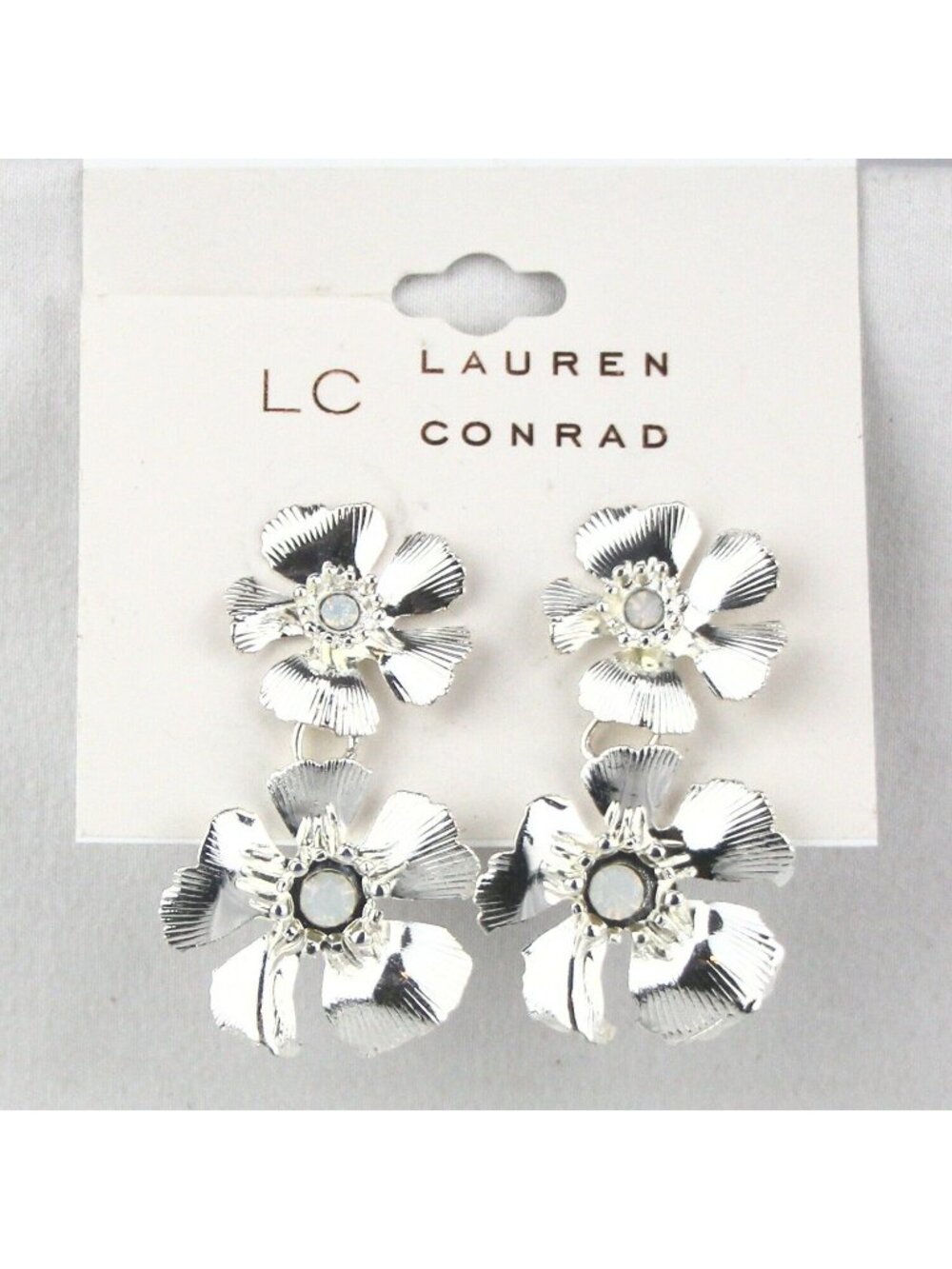 LC Lauren Conrad Earrings 1 3/4" Double Flower Dangle Stud Silver-Tone